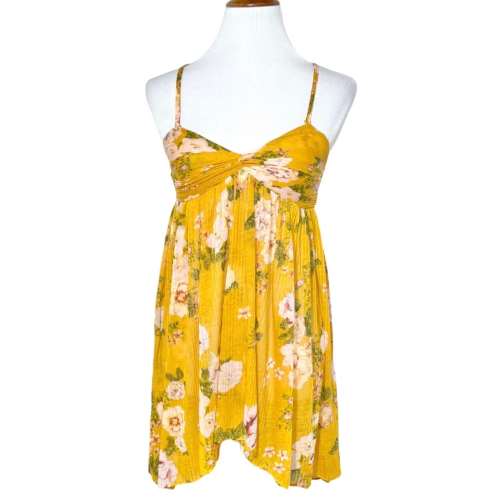 Free People Floral Print Yellow Draped High Low Sleeveless Boho Babydoll Top - Picture 2 of 14